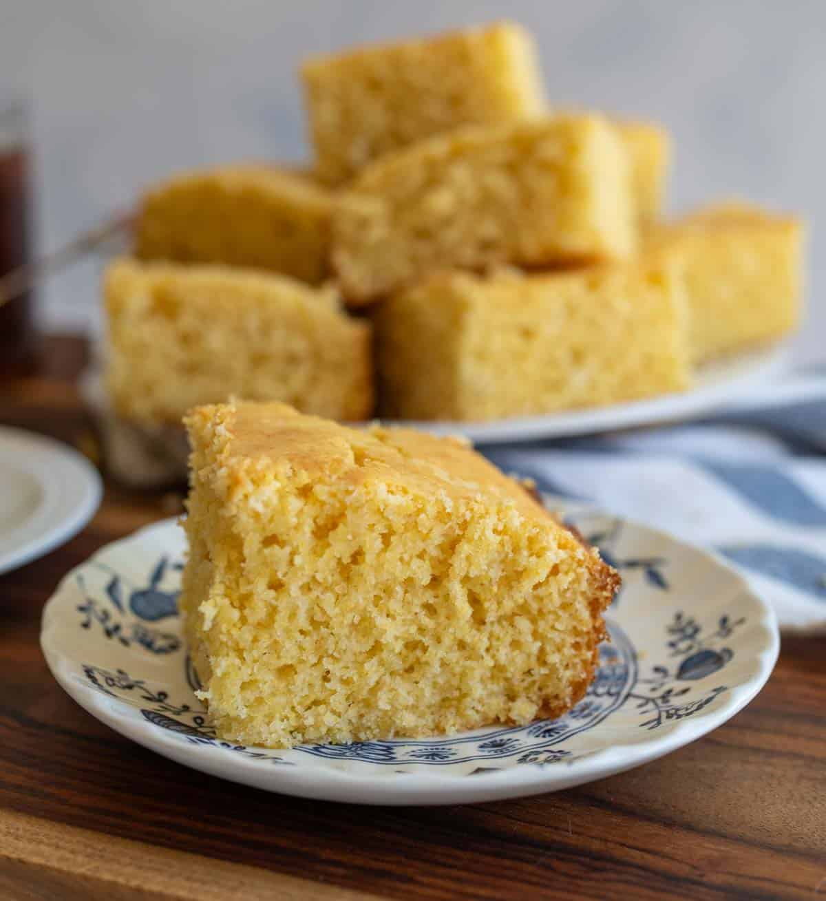 slice of cornbread on a plate.