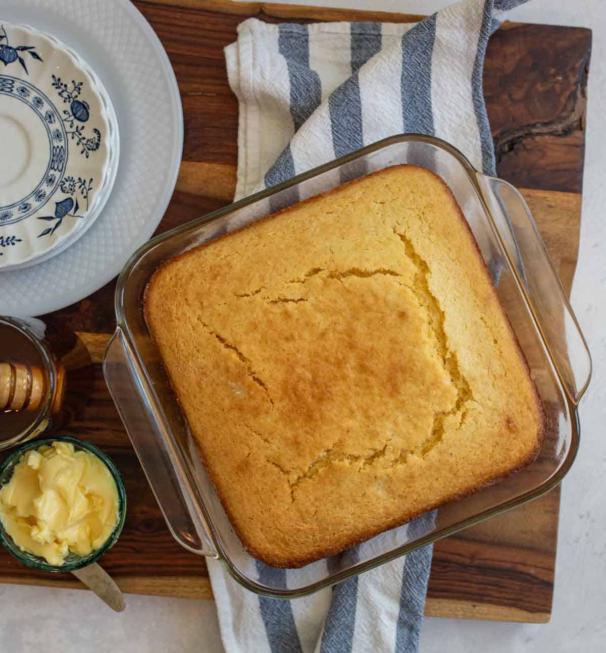 cornbread in a glass pan.