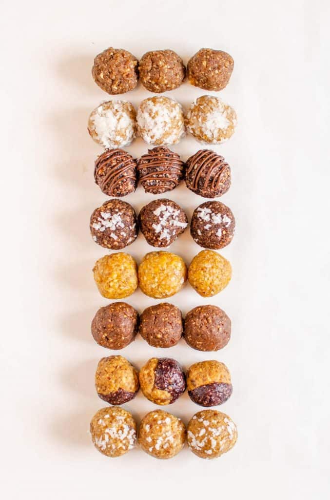 Rows of different types of date energy bites.